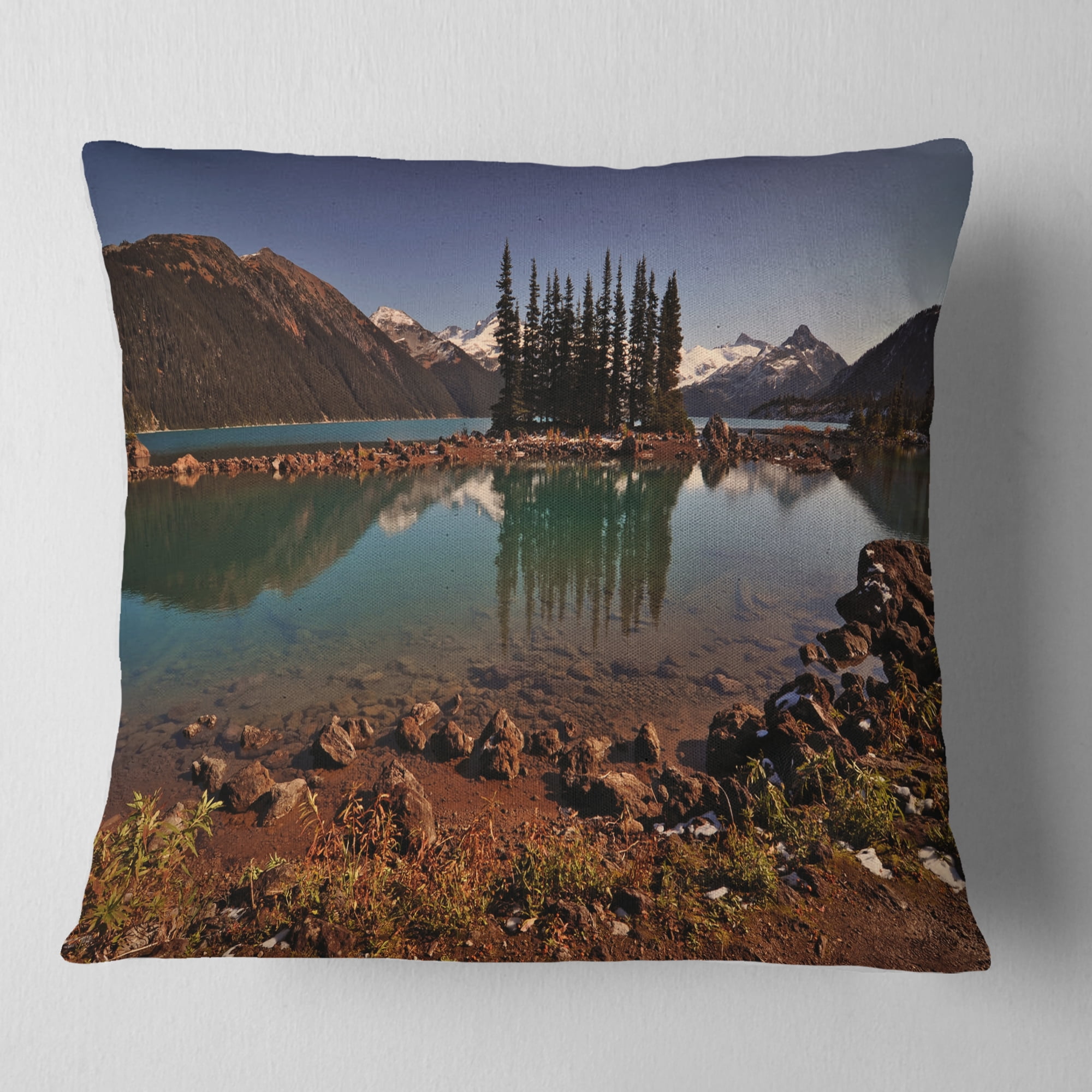 Designart Lake and Pine Trees in Evening - Landscape Printed Throw Pillow - 16x16