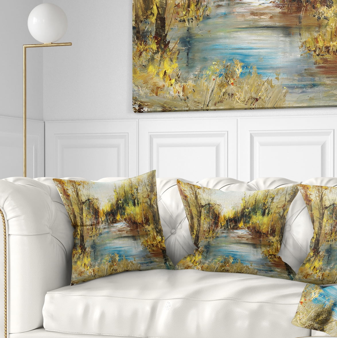 Designart Lake in Forest Oil Painting - Landscape Painting Throw Pillow - 18x18