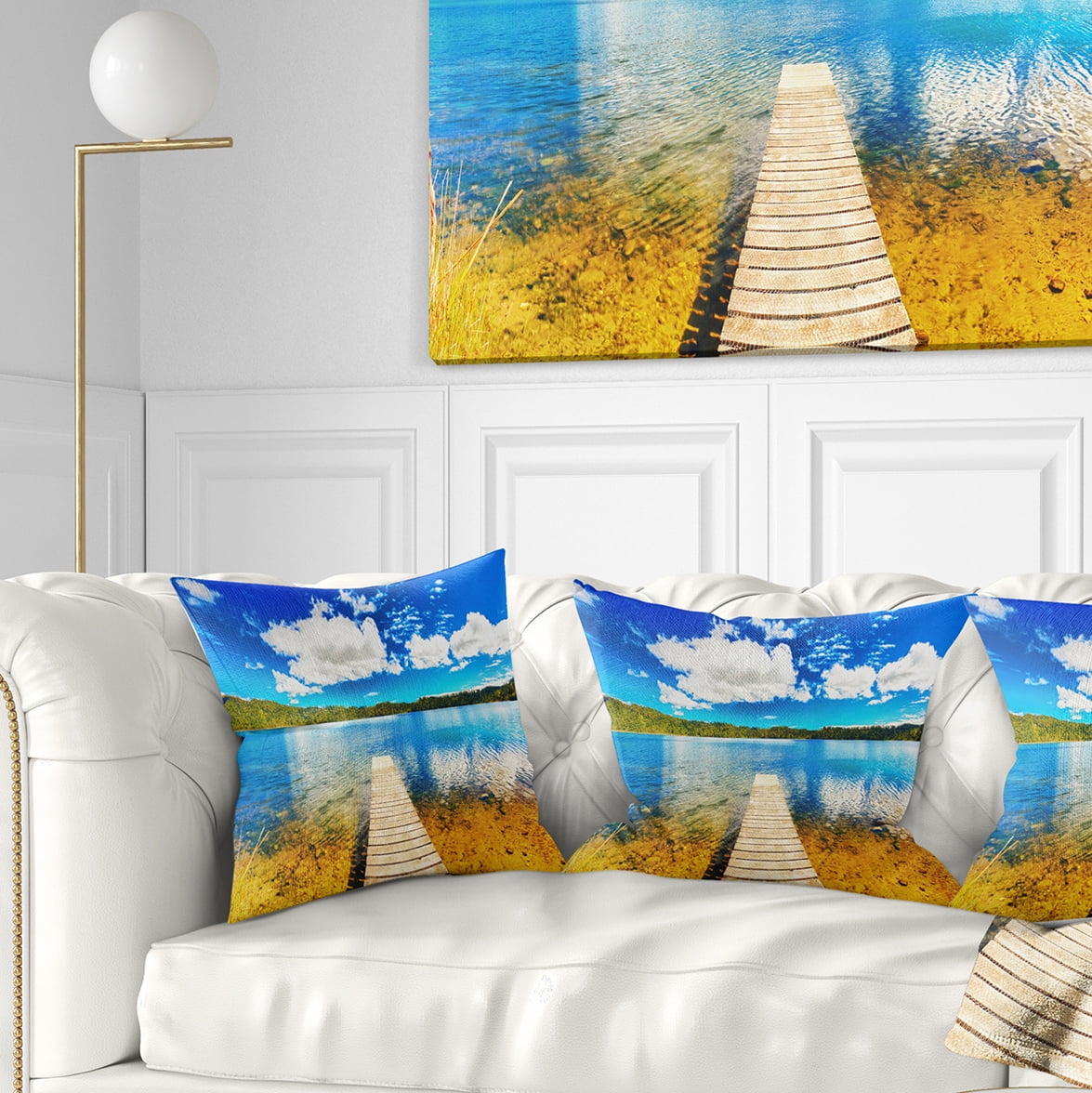 Designart Lake with Pier Panorama - Photography Throw Pillow - 16x16