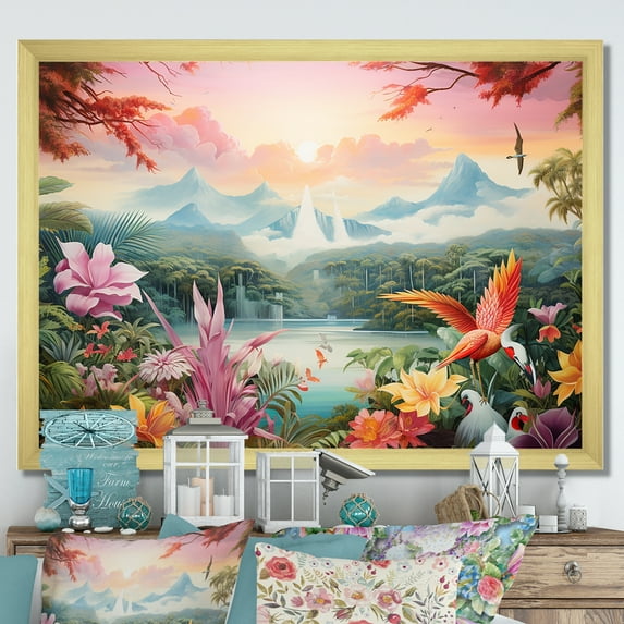 Designart "Lakefront Allure Birds Of Paradise" Birds Of Paradise Picture Framed Wall Decor