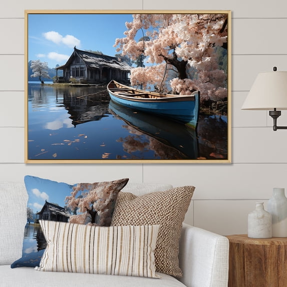 Designart "Lakehouse Lakeside Calm" Lake House Cottage Floater Framed Canvas Wall Art