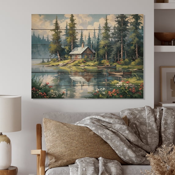 Designart "Lakehouse Retreat I" Countryside Print on Natural Pine Wood