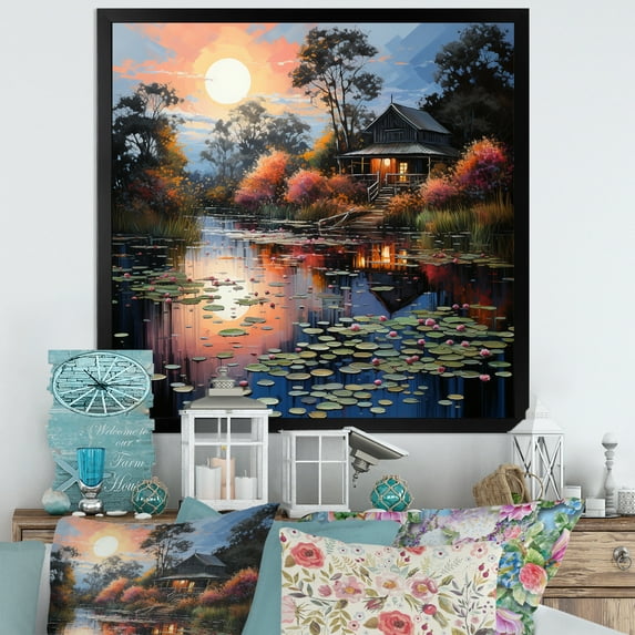 Designart "Lakehouse Shades Of Calm" Landscapes Floater Framed Canvas Wall Art