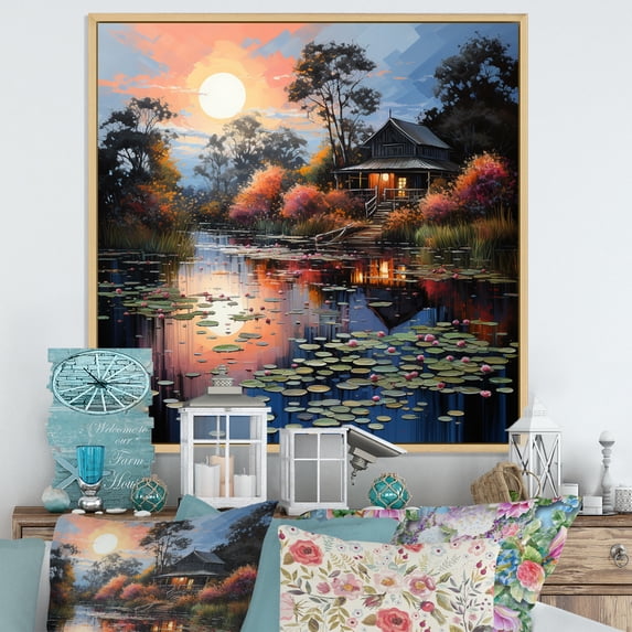 Designart "Lakehouse Shades Of Calm" Landscapes Floater Framed Canvas Wall Art