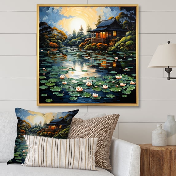 Designart "Lakehouse Waters Pointillism II" Landscapes Floater Framed Canvas Print