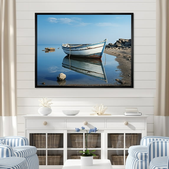 Designart "Lakeside Boat Landscape I" Coastal Boat Floater Framed Wall Art Prints
