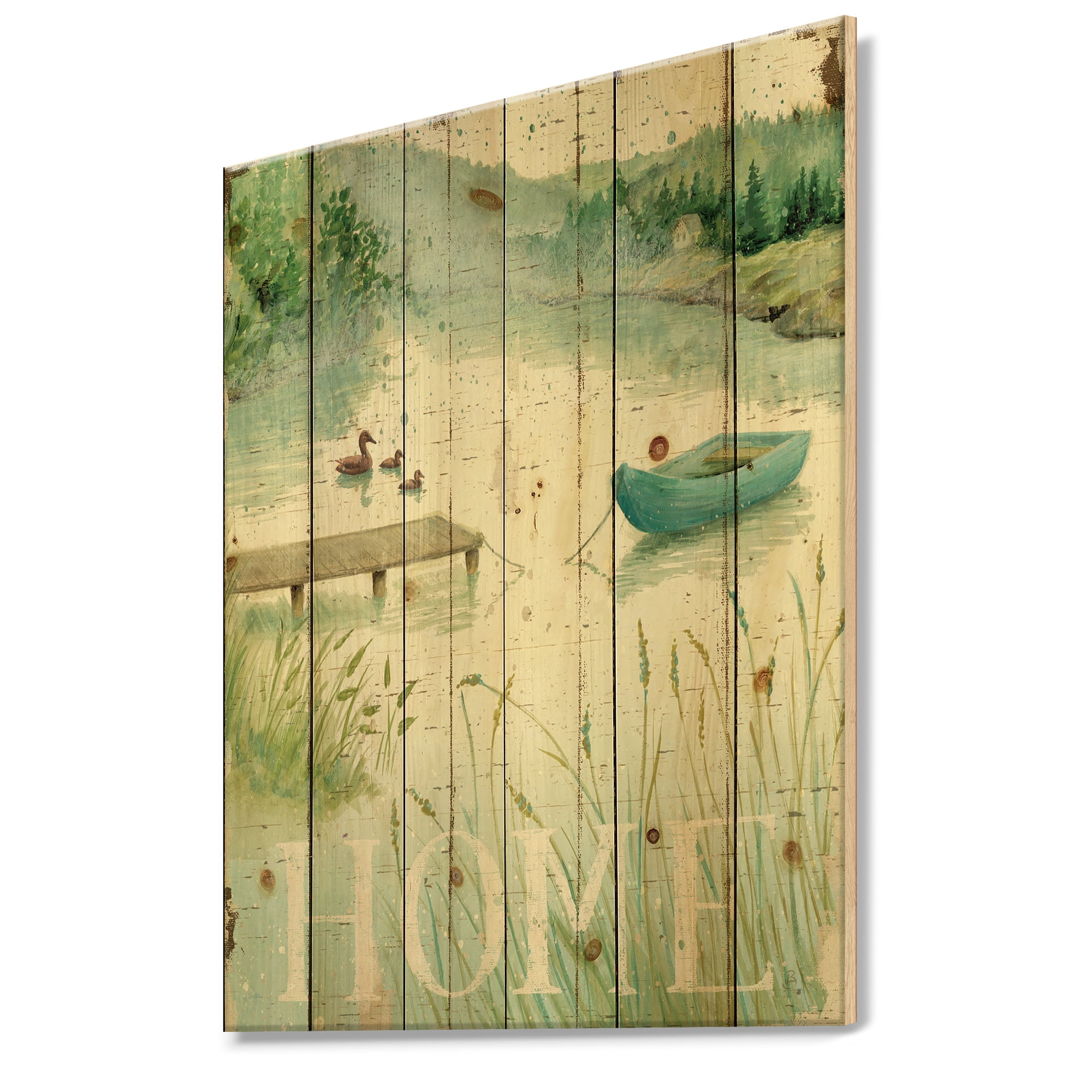 Designart 'Lakeside Boats Welcome Home' Lake House Print on Natural Pine Wood