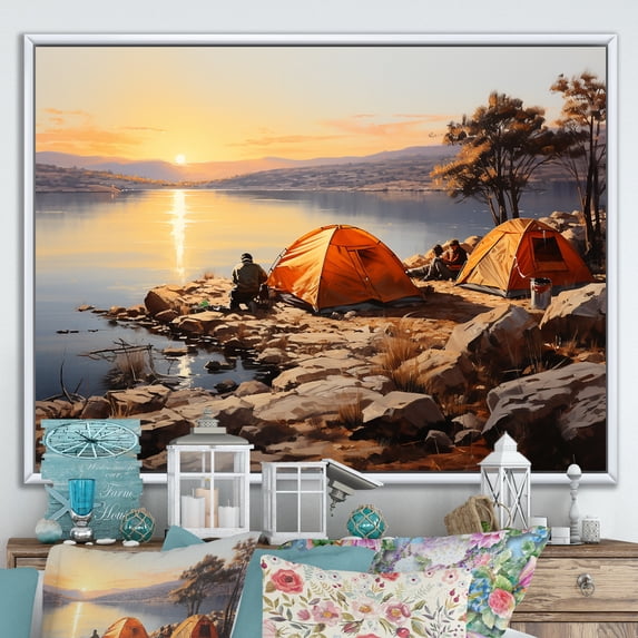 Designart "Lakeside Haven for Camping I" Landscapes Framed Wall Art - Country Yellow Camping Travel Entryway Framed Wall Art