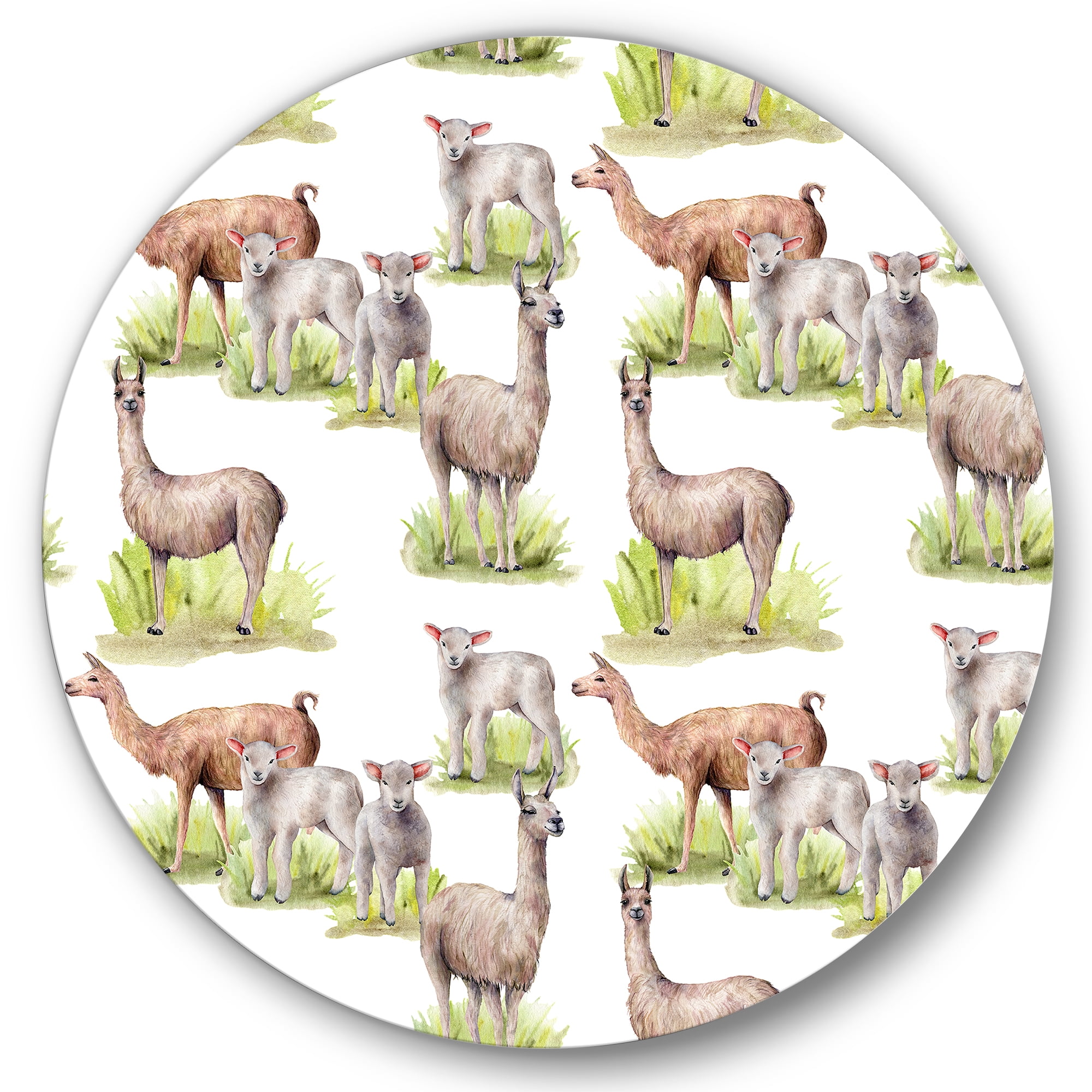 Designart 'Lambs and Lamas On A Green Meadow' Farmhouse Circle Metal Wall Art 11x11 - Disc of 11