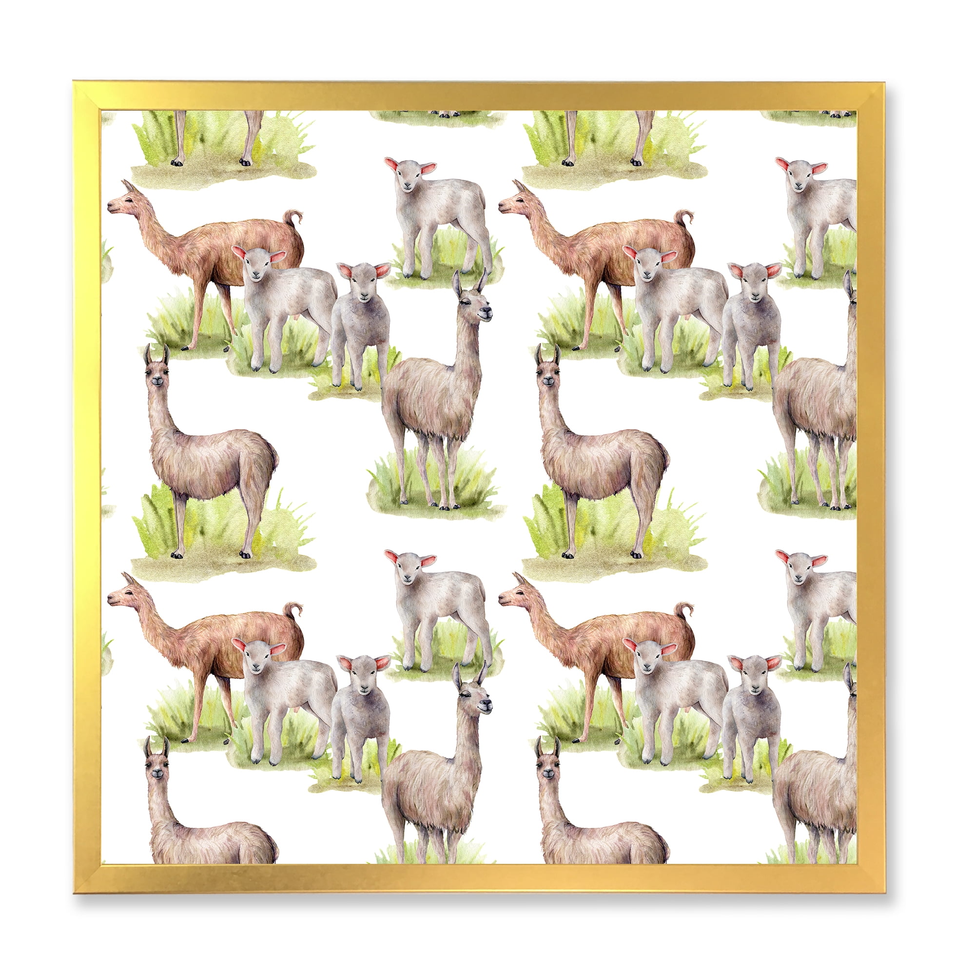Designart 'Lambs and Lamas On A Green Meadow' Farmhouse Framed Art Print