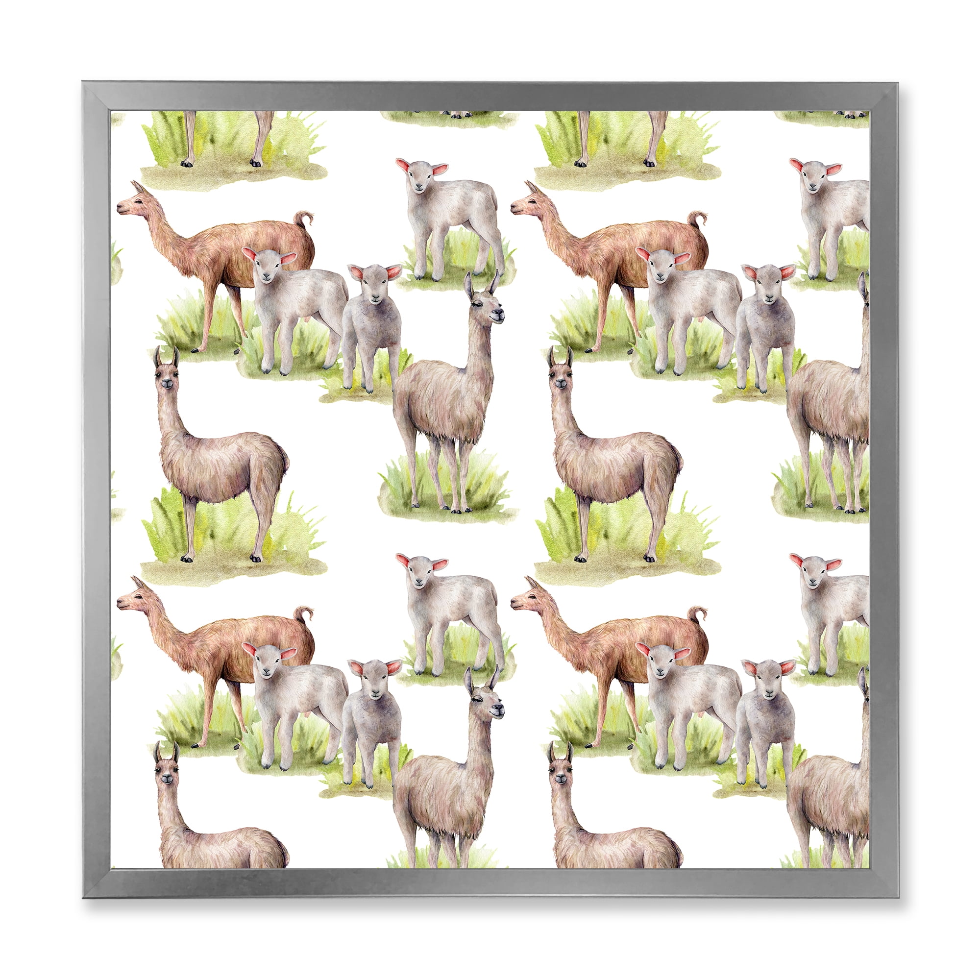 Designart 'Lambs and Lamas On A Green Meadow' Farmhouse Framed Art Print