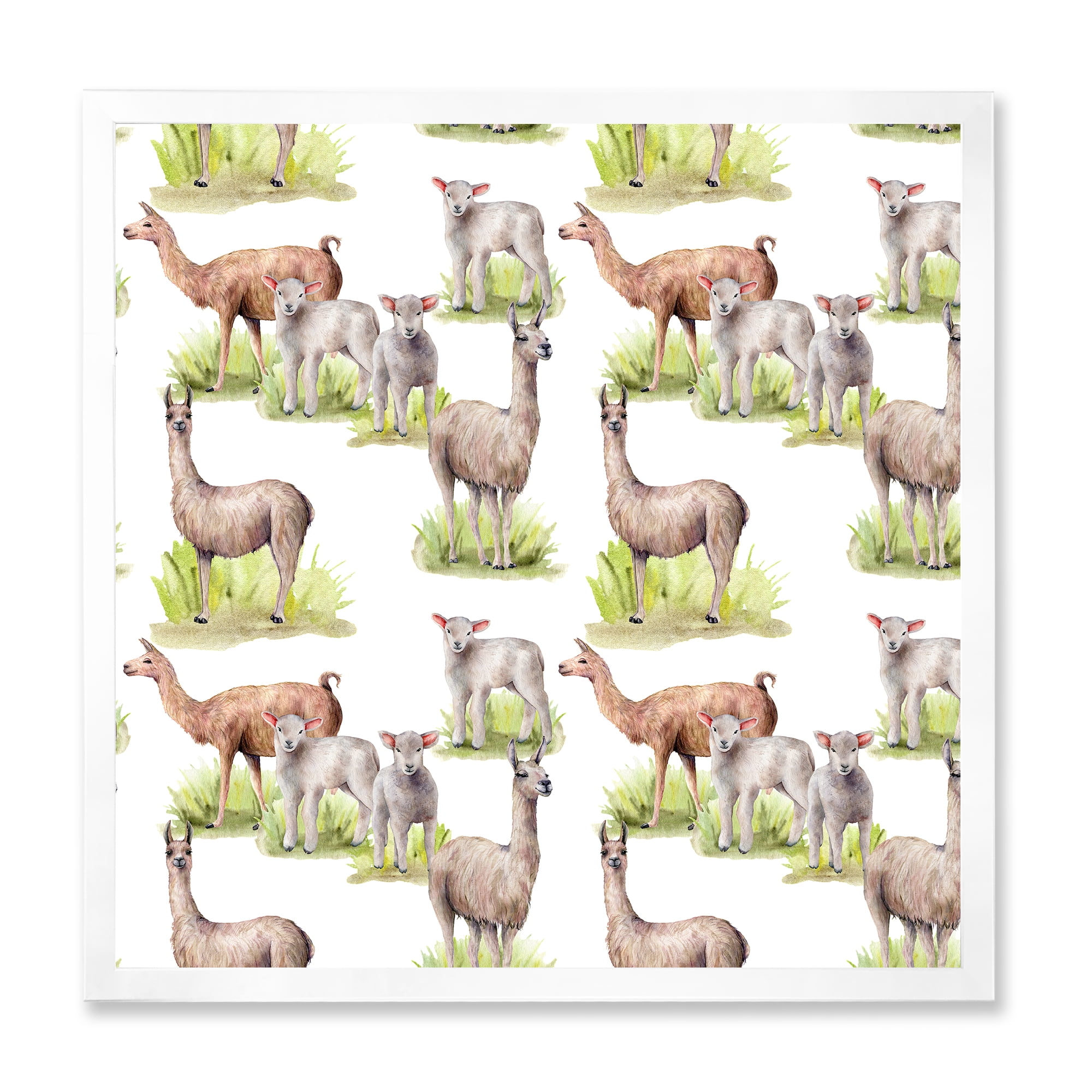 Designart 'Lambs and Lamas On A Green Meadow' Farmhouse Framed Art Print