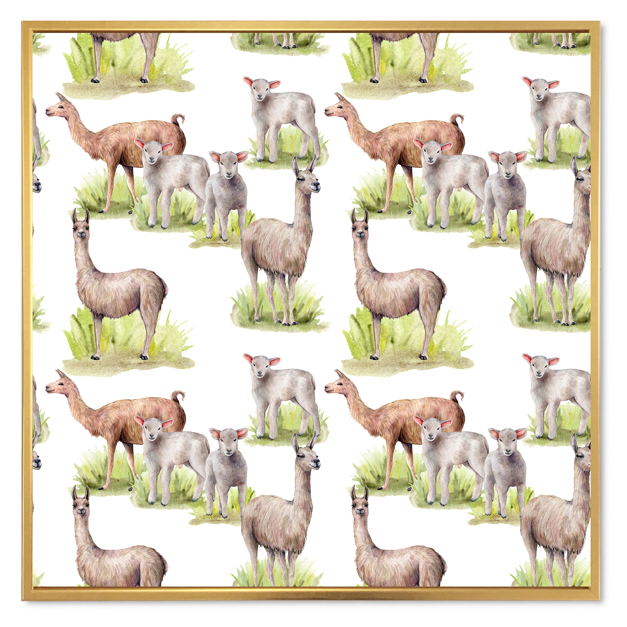 Designart 'Lambs and Lamas On A Green Meadow' Farmhouse Framed Canvas Wall Art Print