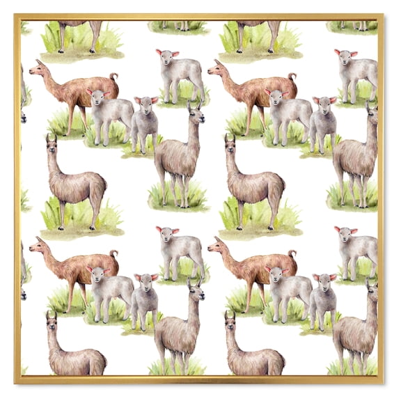 Designart 'Lambs and Lamas On A Green Meadow' Farmhouse Framed Canvas Wall Art Print