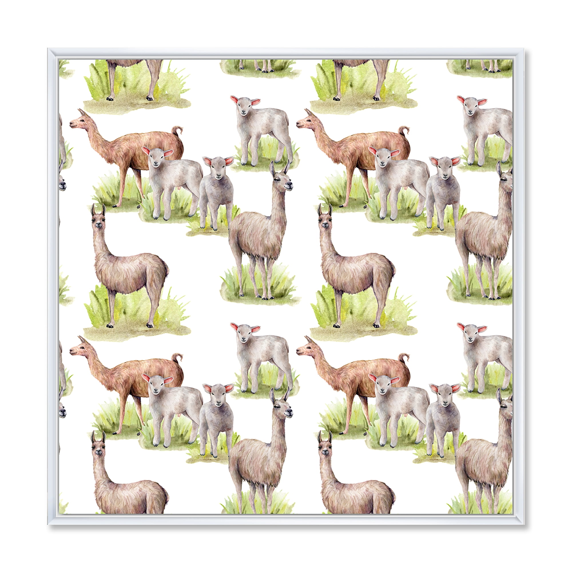 Designart 'Lambs and Lamas On A Green Meadow' Farmhouse Framed Canvas Wall Art Print