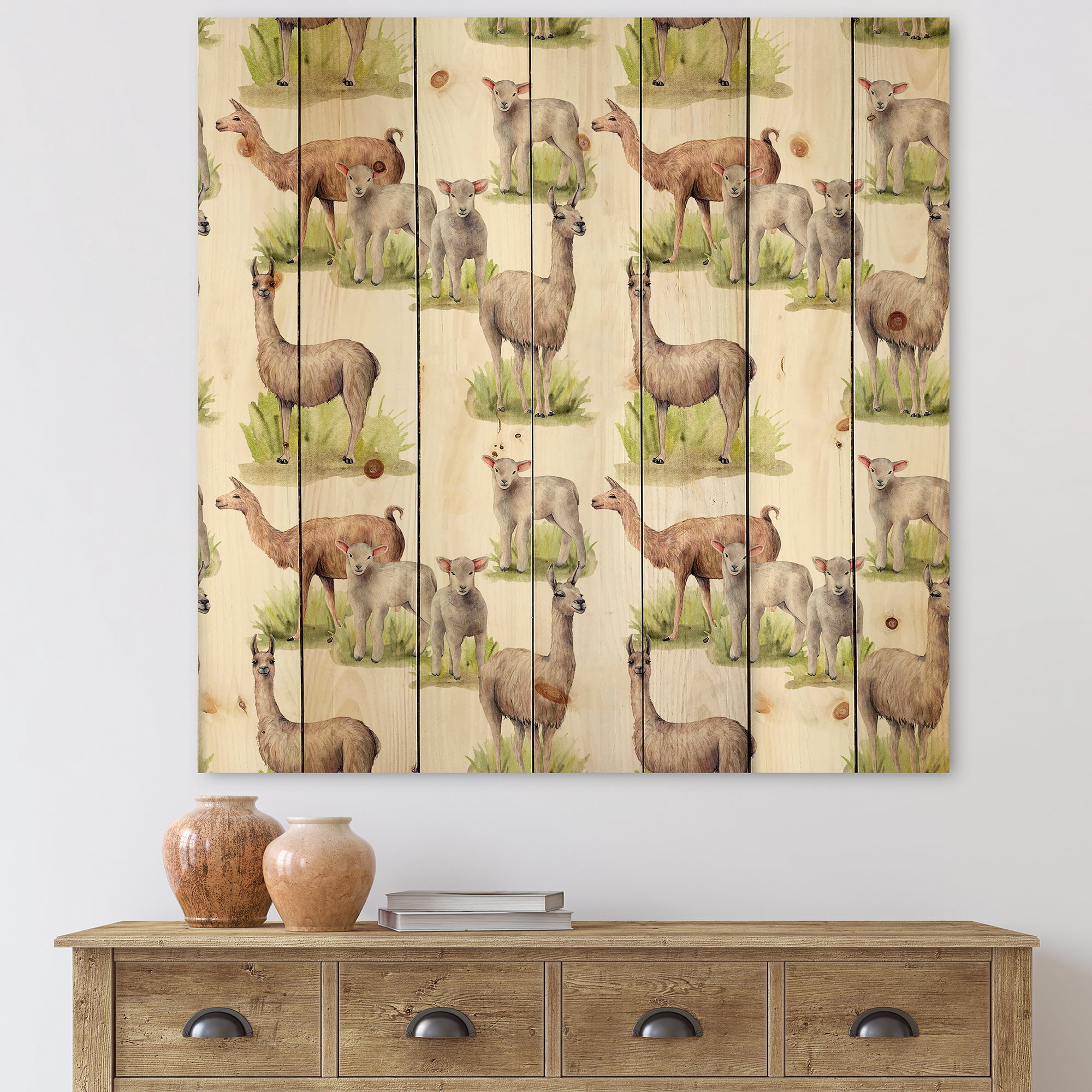 Designart 'Lambs and Lamas On A Green Meadow' Farmhouse Print on Natural Pine Wood