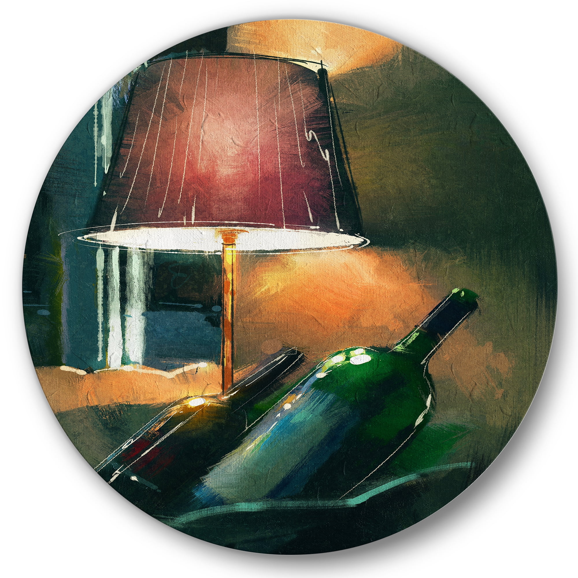 Designart 'Lamp Glowing Orange In The Night and Wine Bottles' Modern Circle Metal Wall Art 36x36 - Disc of 36