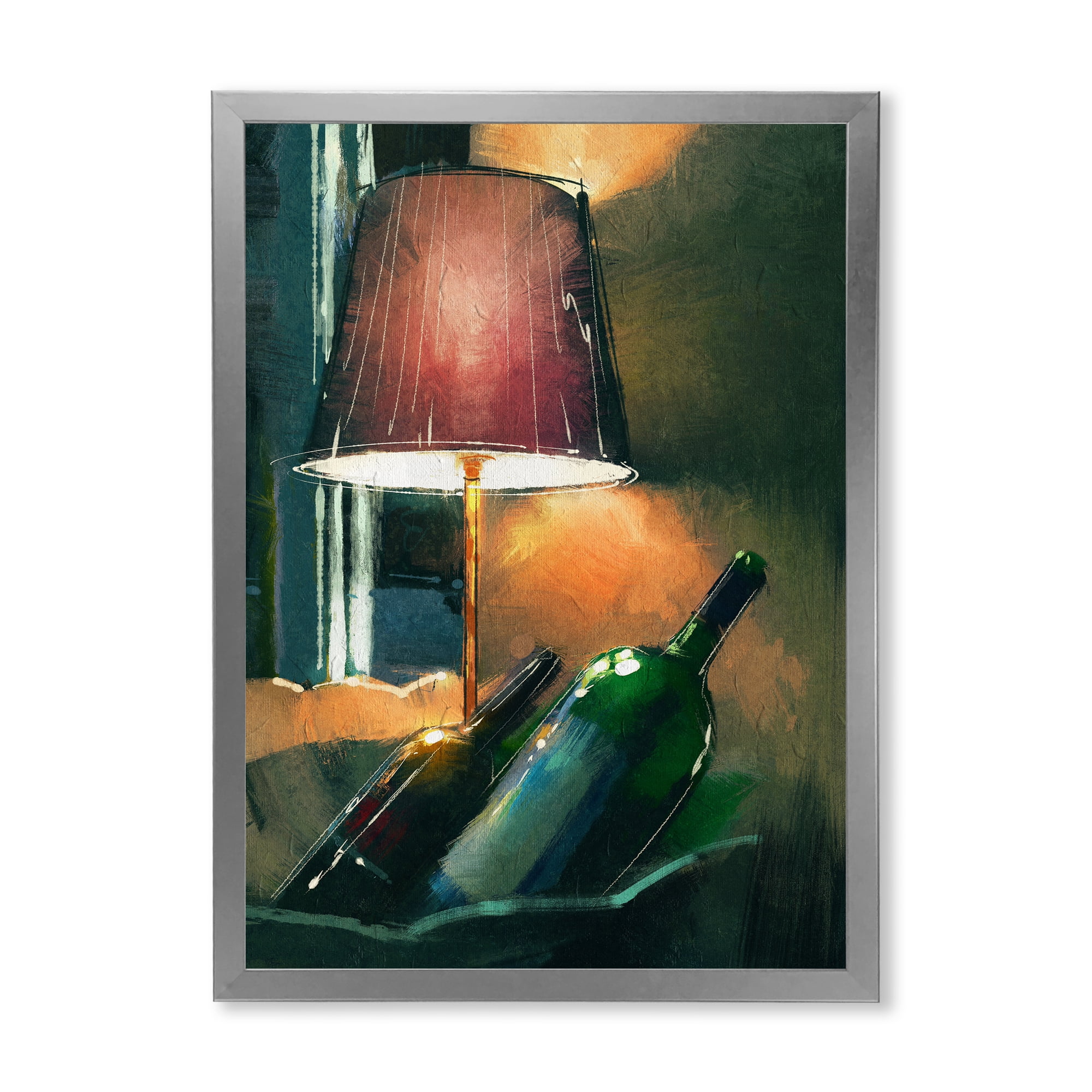 Designart 'Lamp Glowing Orange In The Night and Wine Bottles' Modern Framed Art Print