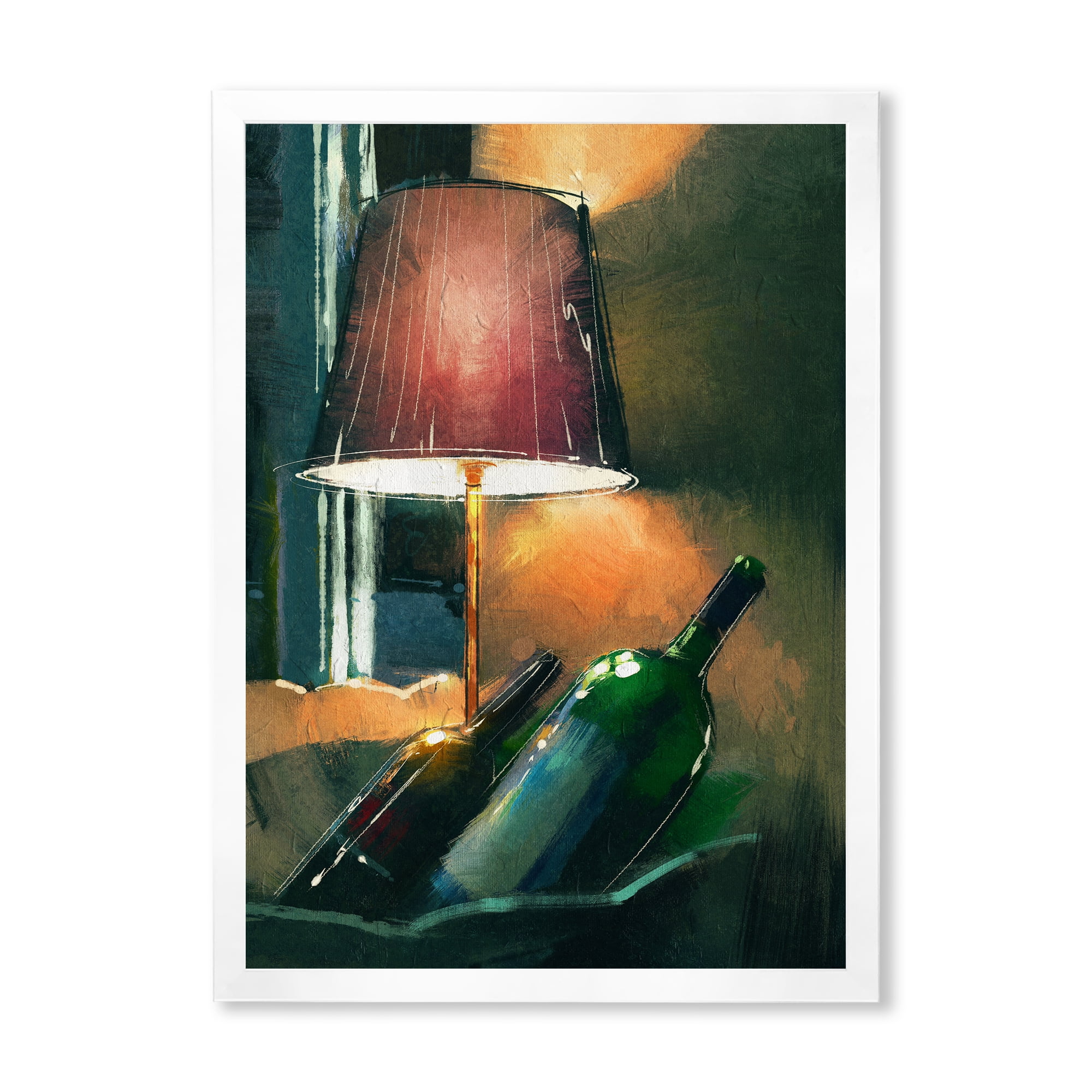 Designart 'Lamp Glowing Orange In The Night and Wine Bottles' Modern Framed Art Print