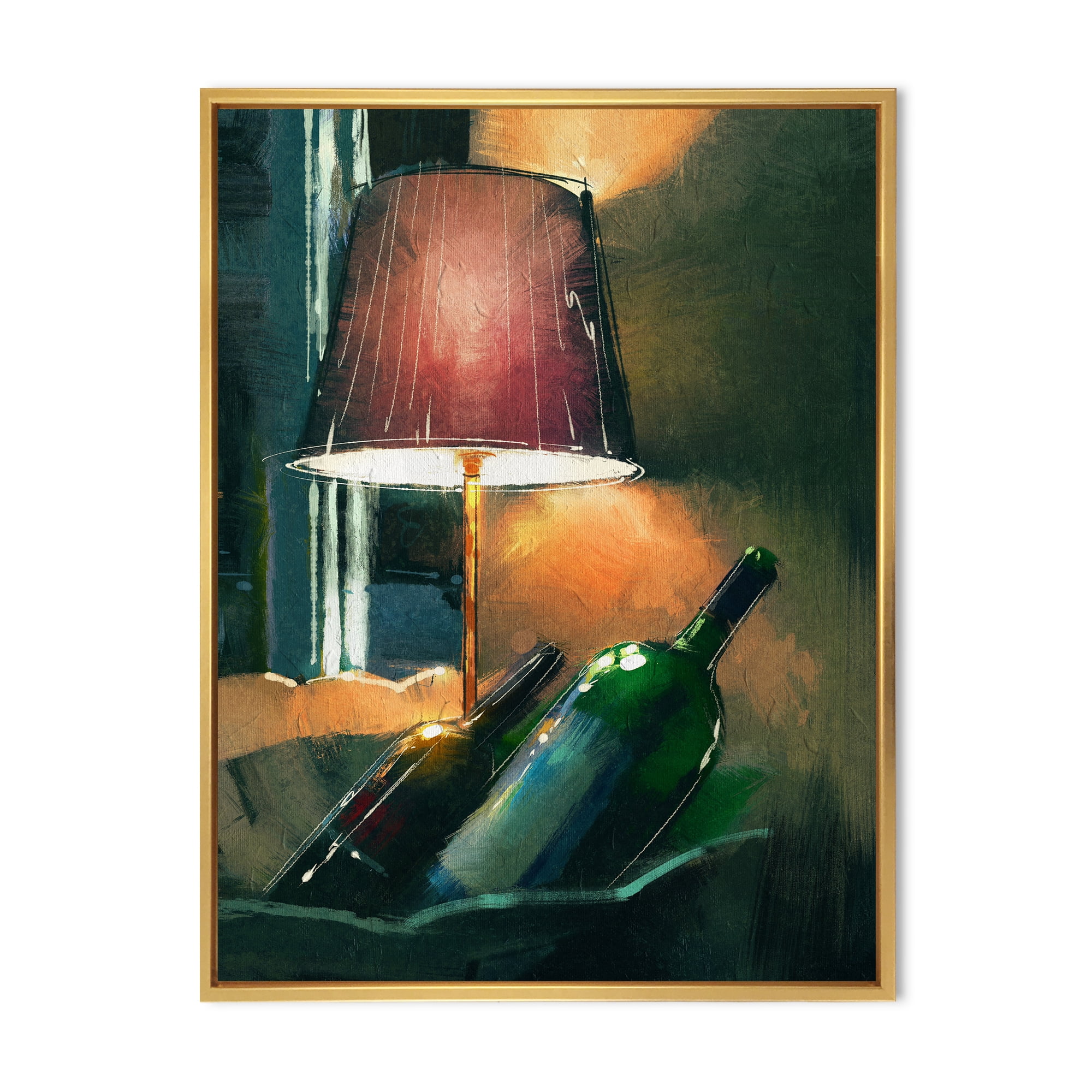 Designart 'Lamp Glowing Orange In The Night and Wine Bottles' Modern Framed Canvas Wall Art Print