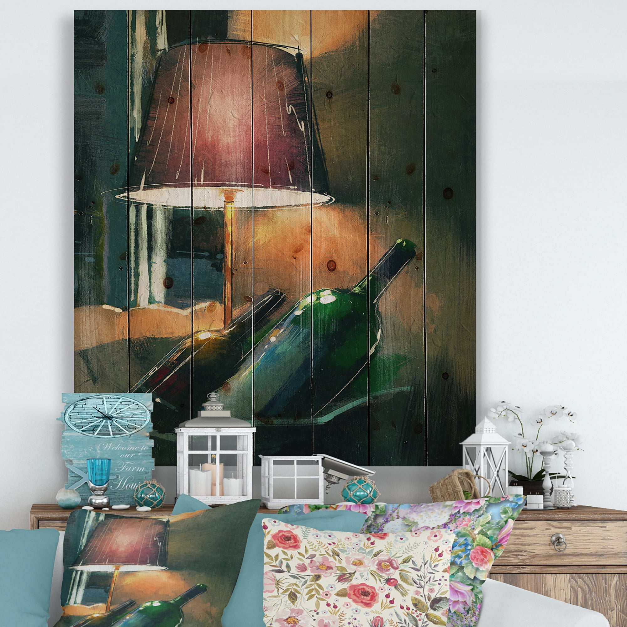 Designart 'Lamp Glowing Orange In The Night and Wine Bottles' Modern Print on Natural Pine Wood