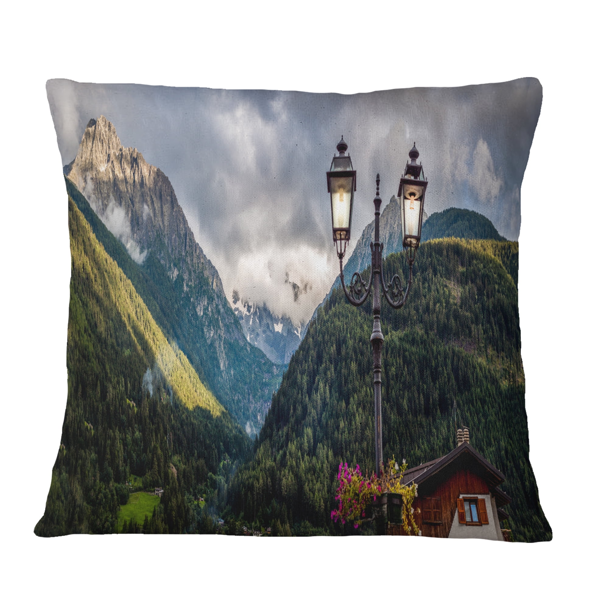 Designart Lamp Posts in Mountain Panorama - Landscape Printed Throw Pillow - 16x16