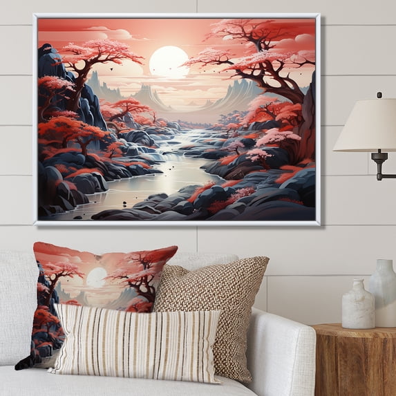 Designart "Landscape Bliss of Mountains and Rivers in China III" Landscapes Framed Wall Art - Traditional Red China Entryway Framed Wall Art
