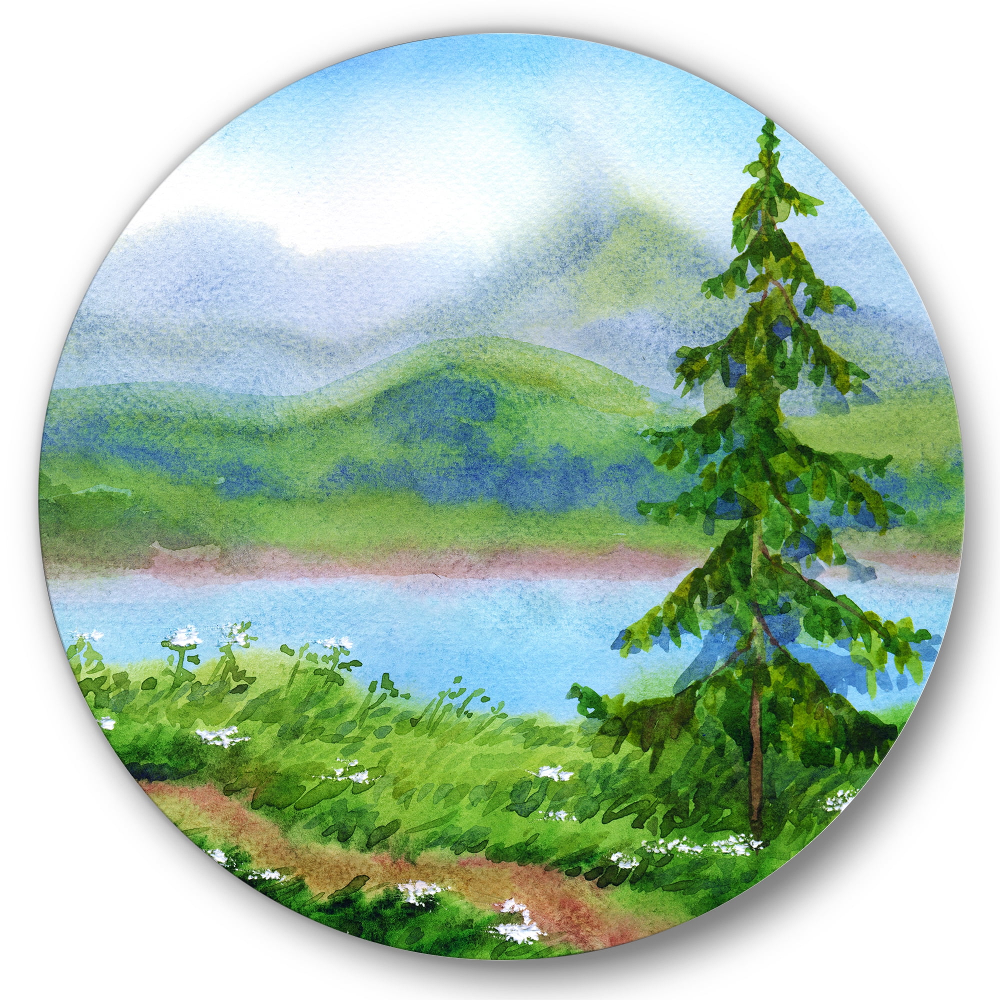 Designart 'Landscape River Spruce Near The Trail On A Hill' Traditional Circle Metal Wall Art 23x23 - Disc of 23