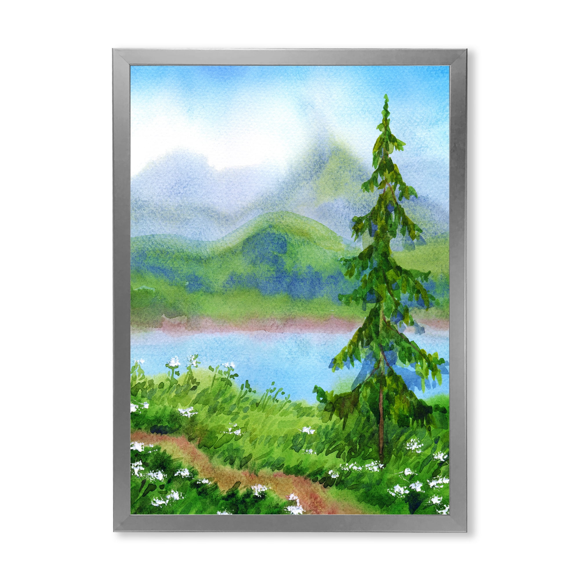 Designart 'Landscape River Spruce Near The Trail On A Hill' Traditional Framed Art Print
