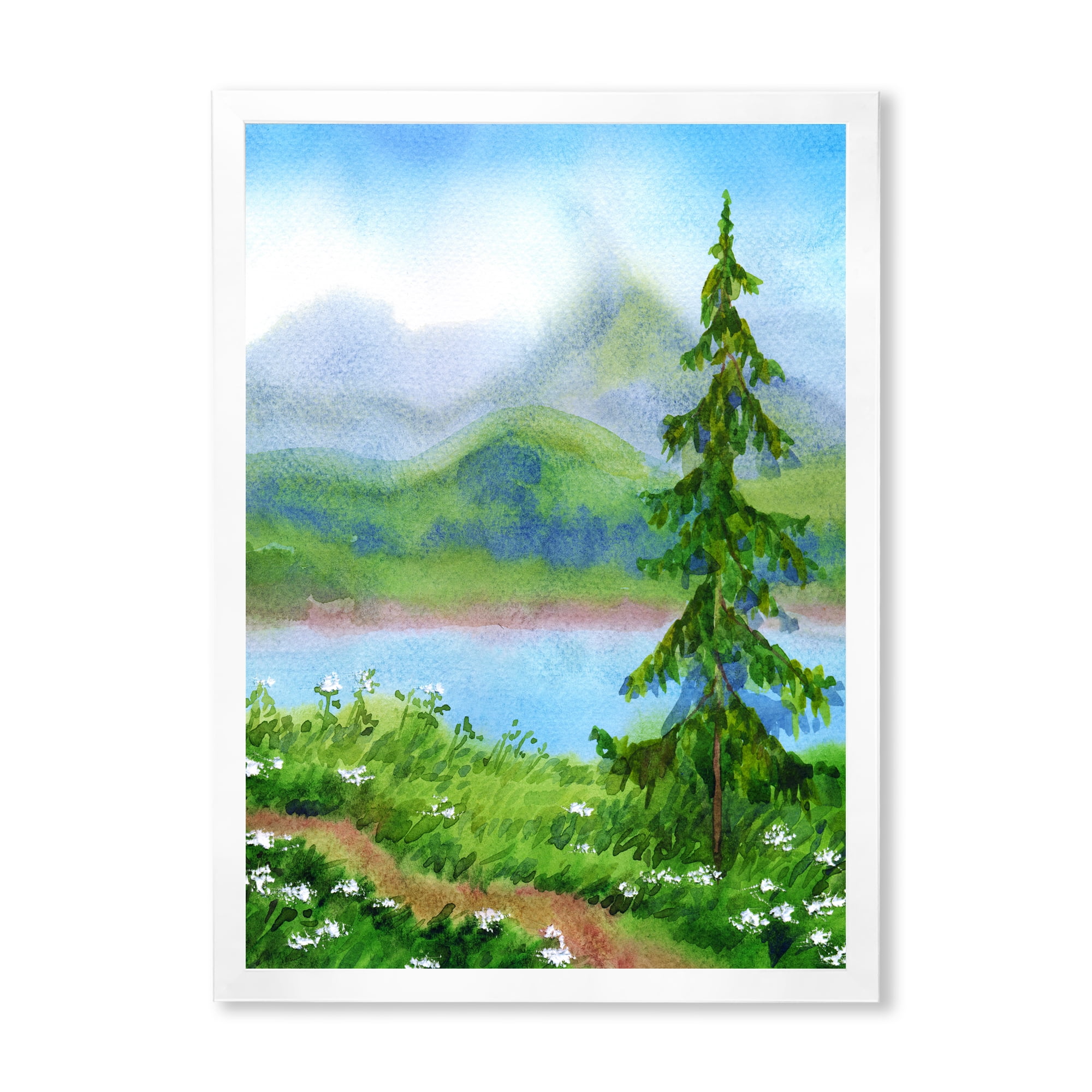 Designart 'Landscape River Spruce Near The Trail On A Hill' Traditional Framed Art Print
