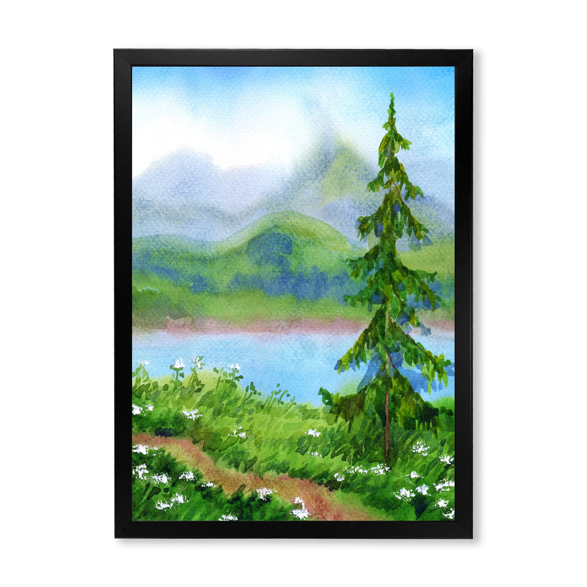 Designart 'Landscape River Spruce Near The Trail On A Hill' Traditional Framed Art Print