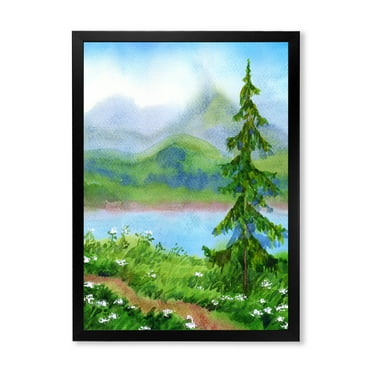 Designart 'Landscape River Spruce Near The Trail On A Hill' Traditional Framed Art Print