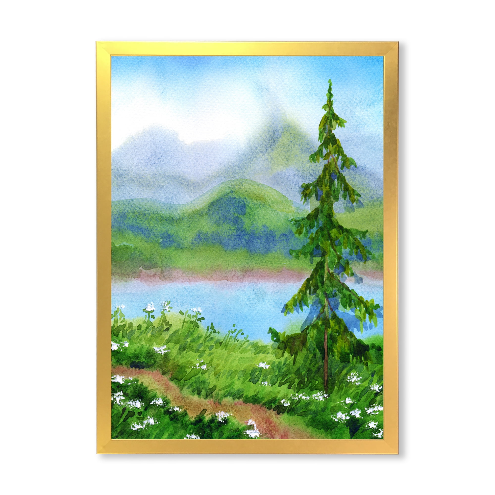 Designart 'Landscape River Spruce Near The Trail On A Hill' Traditional Framed Art Print