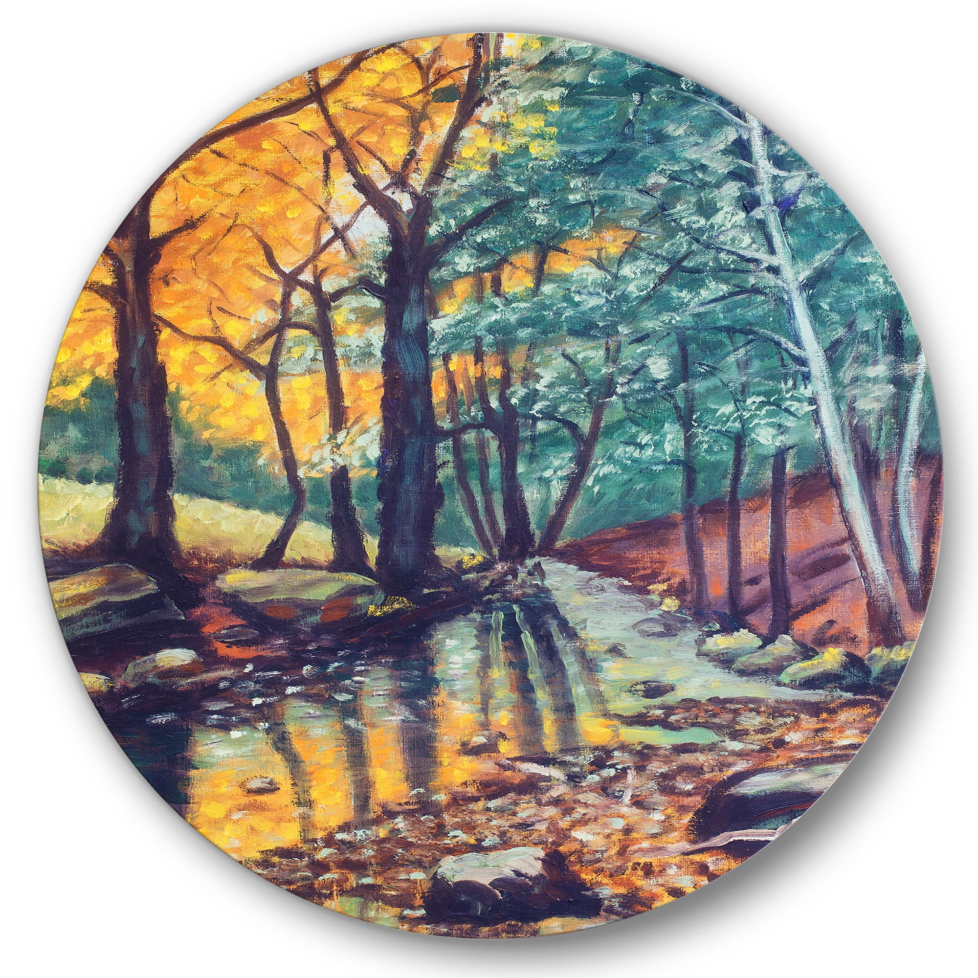 Designart 'Landscape With Autumn Forest Sunset River' Traditional Circle Metal Wall Art 23x23 - Disc of 23