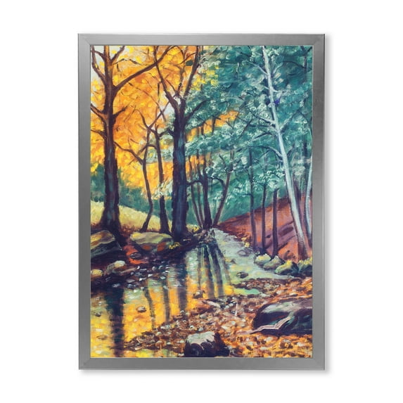 Designart 'Landscape With Autumn Forest Sunset River' Traditional Framed Art Print