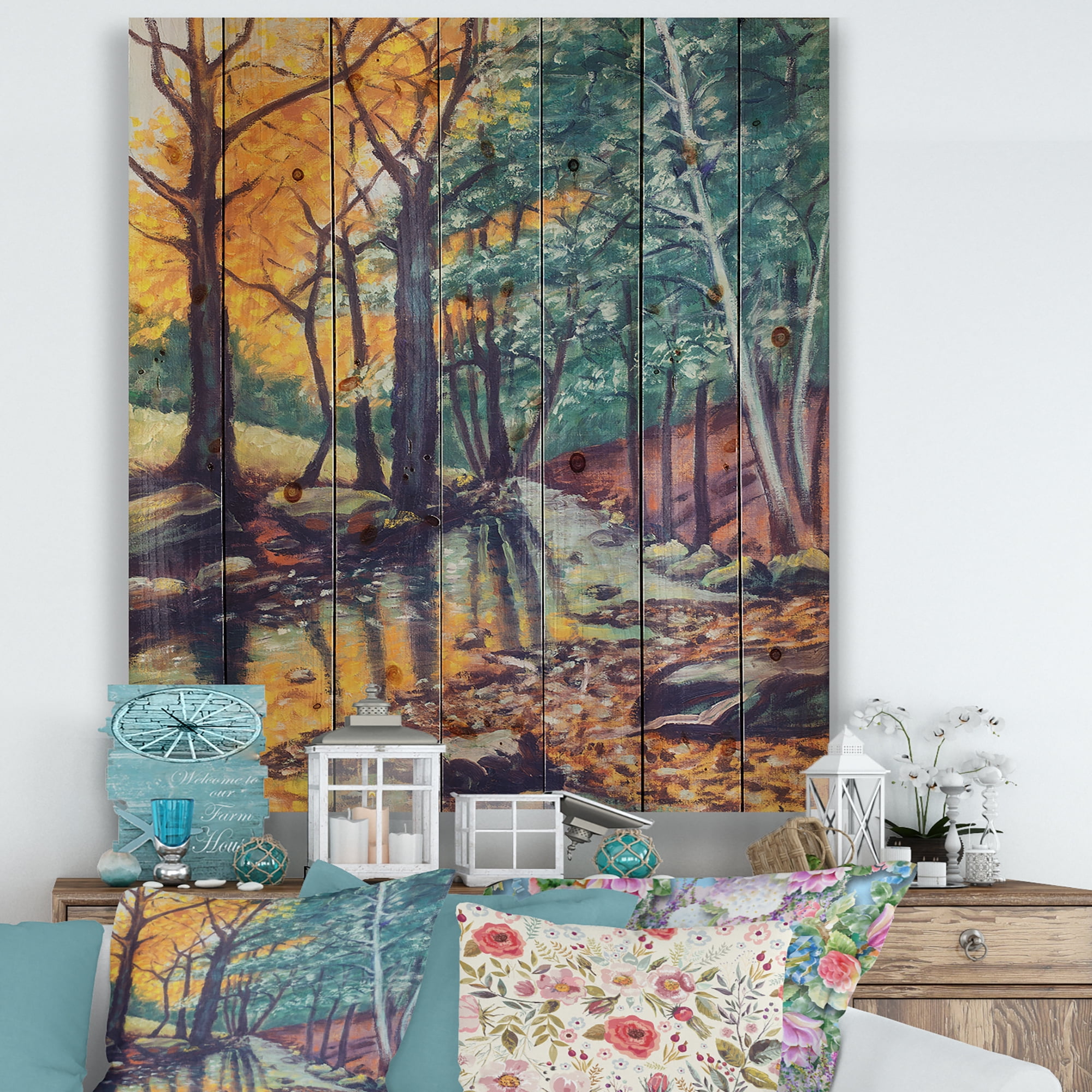 Designart 'Landscape With Autumn Forest Sunset River' Traditional Print on Natural Pine Wood