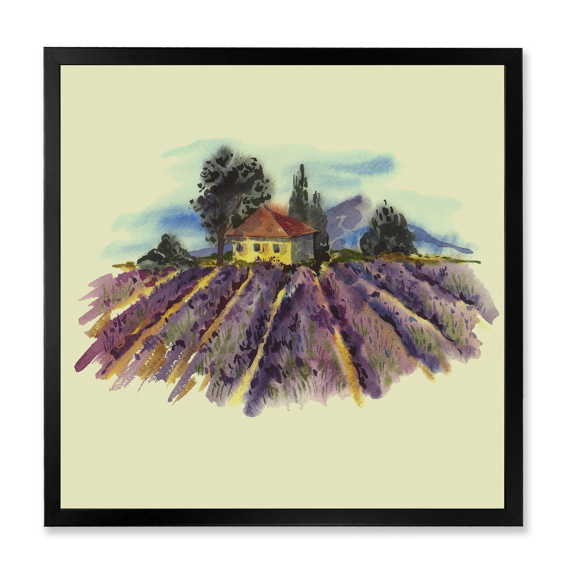 Designart 'Landscape With Blooming Lavender and Village House' Traditional Framed Art Print