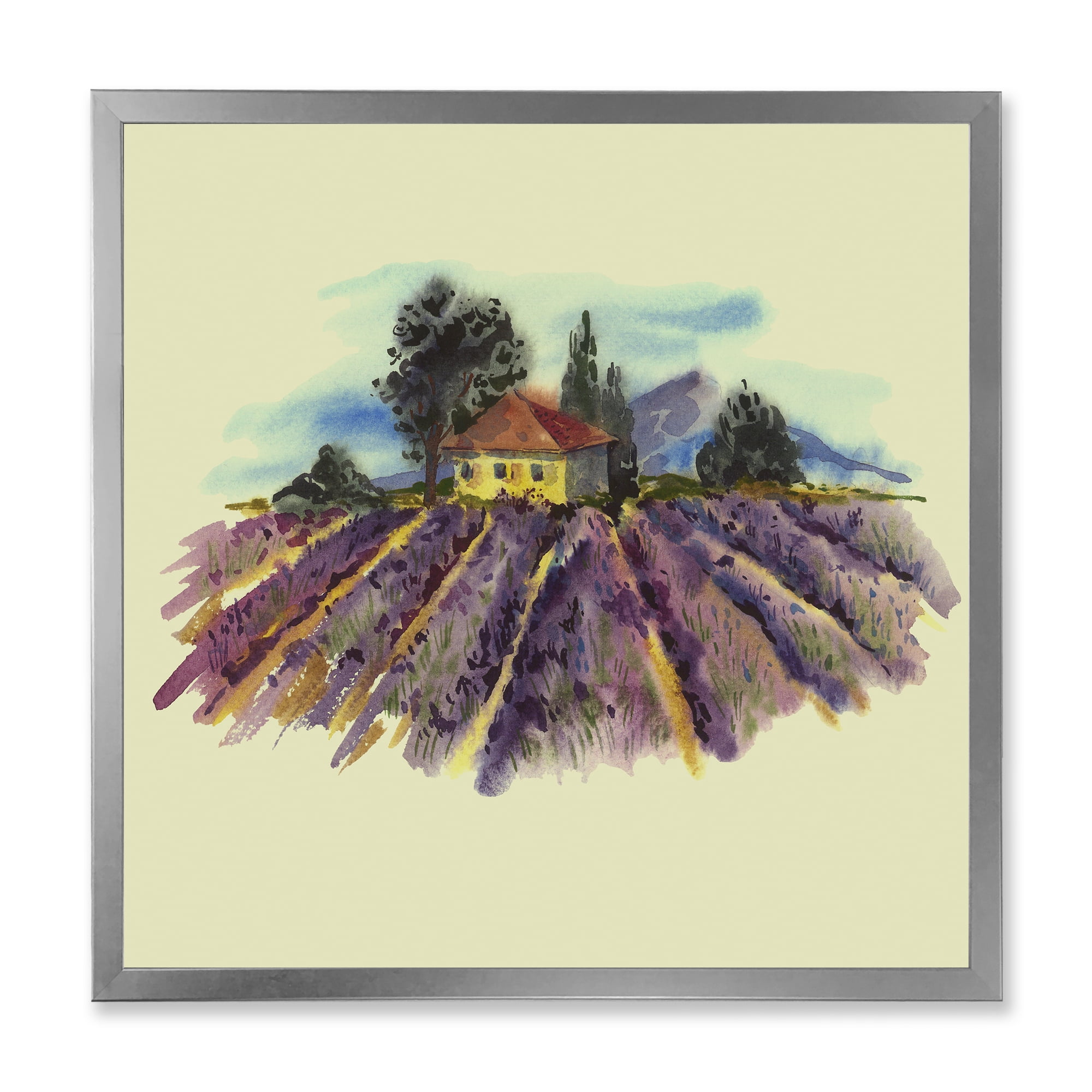 Designart 'Landscape With Blooming Lavender and Village House' Traditional Framed Art Print