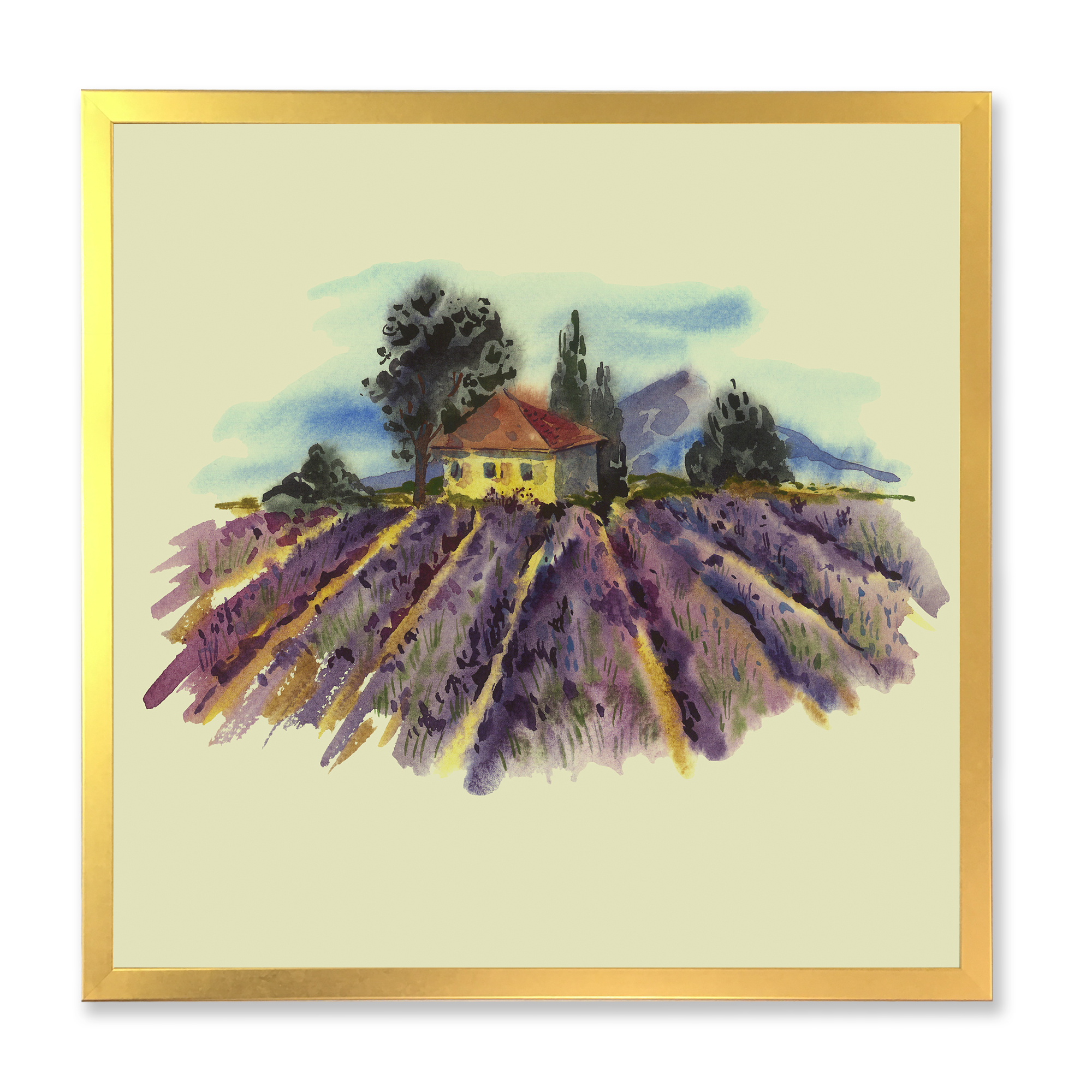 Designart 'Landscape With Blooming Lavender and Village House' Traditional Framed Art Print