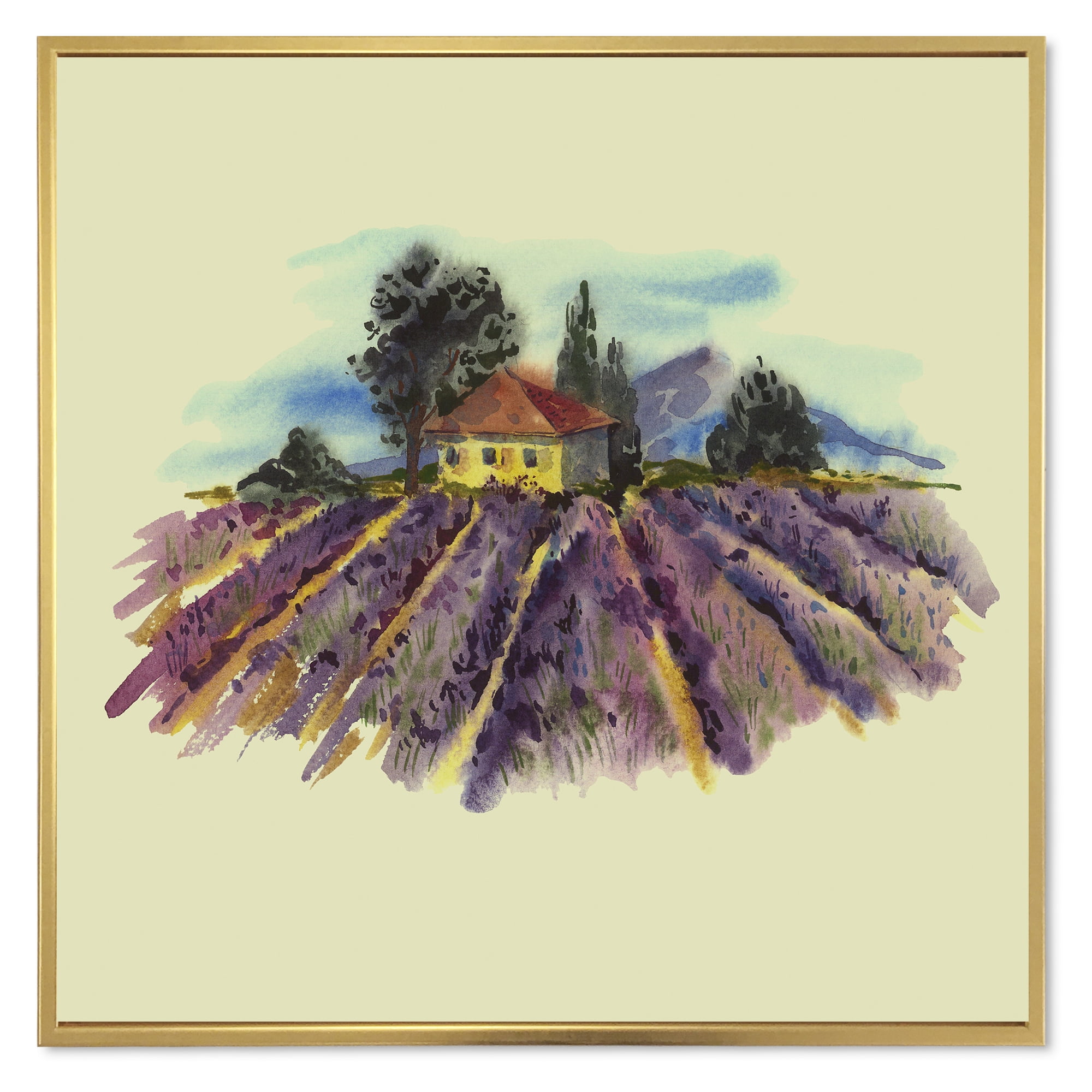 Designart 'Landscape With Blooming Lavender and Village House' Traditional Framed Canvas Wall Art Print