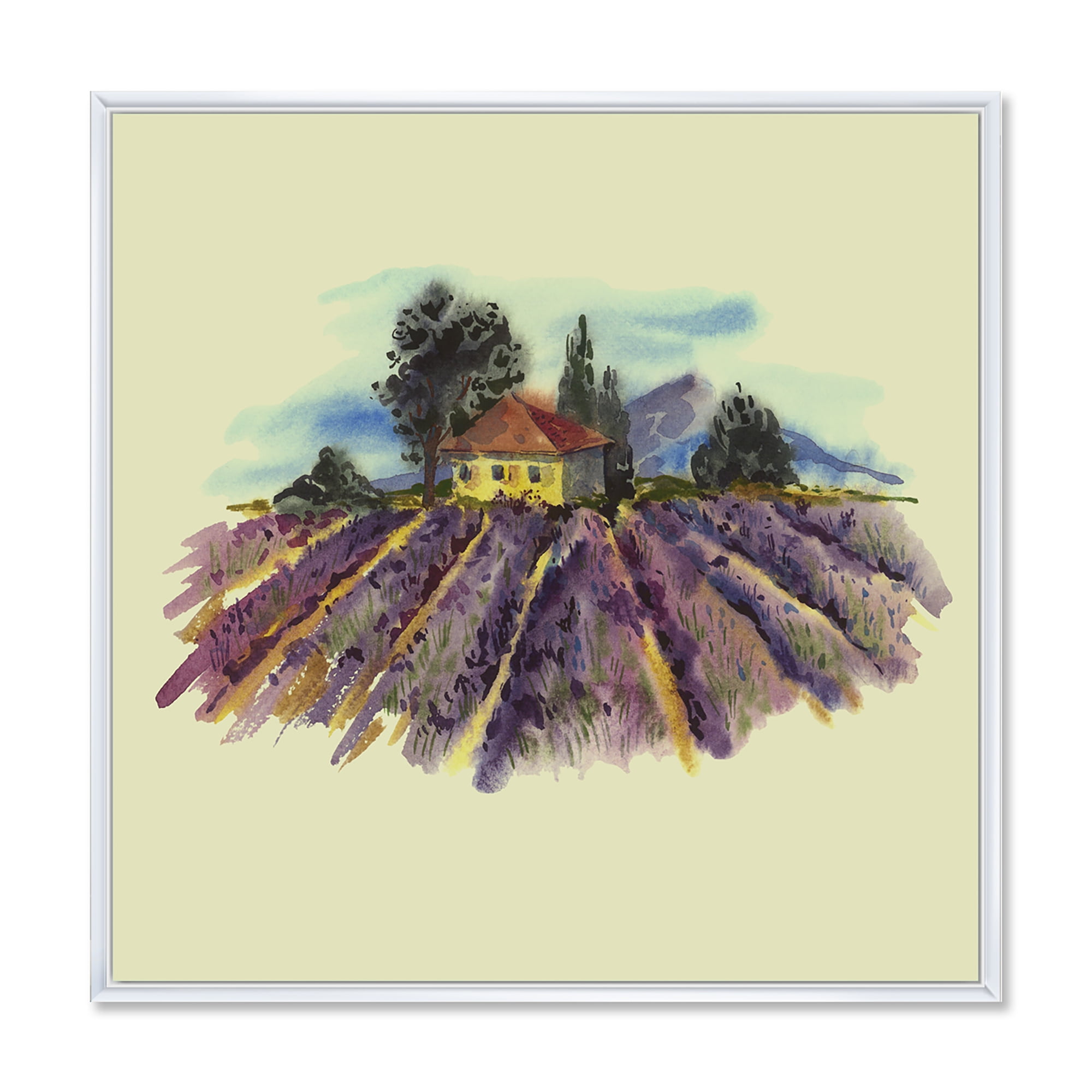 Designart 'Landscape With Blooming Lavender and Village House' Traditional Framed Canvas Wall Art Print