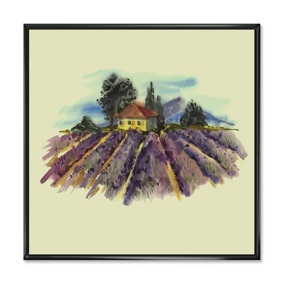 Designart 'Landscape With Blooming Lavender and Village House' Traditional Framed Canvas Wall Art Print