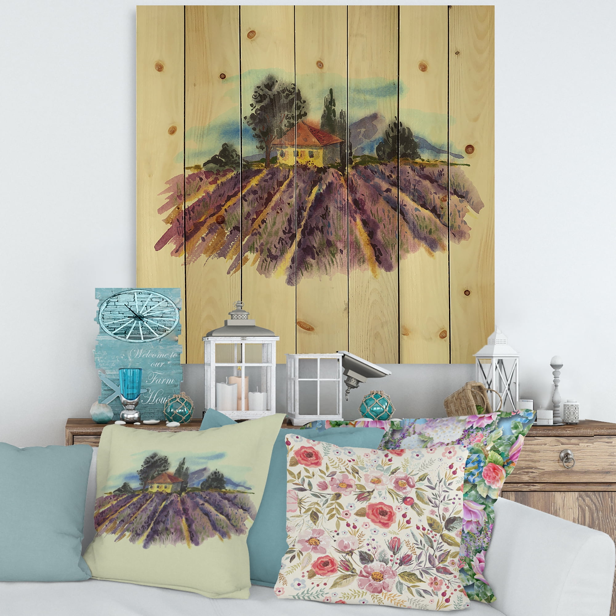 Designart 'Landscape With Blooming Lavender and Village House' Traditional Print on Natural Pine Wood