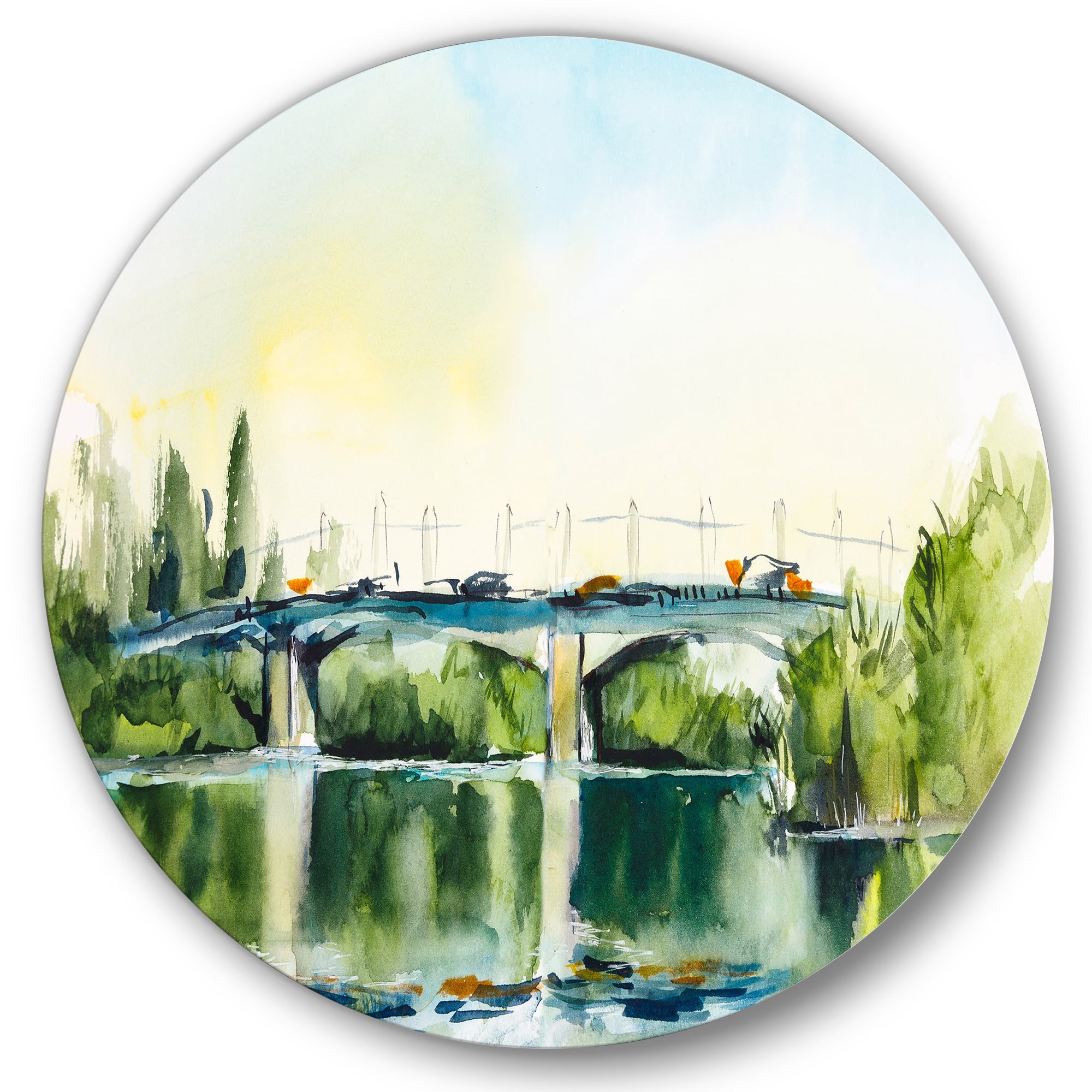 Designart 'Landscape With Old Bridge Over River In The Countryside' Traditional Circle Metal Wall Art 11x11 - Disc of 11