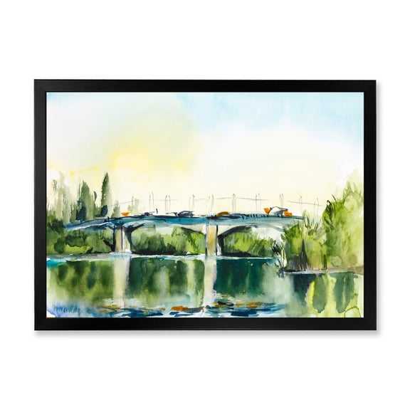 Designart 'Landscape With Old Bridge Over River In The Countryside' Traditional Framed Art Print