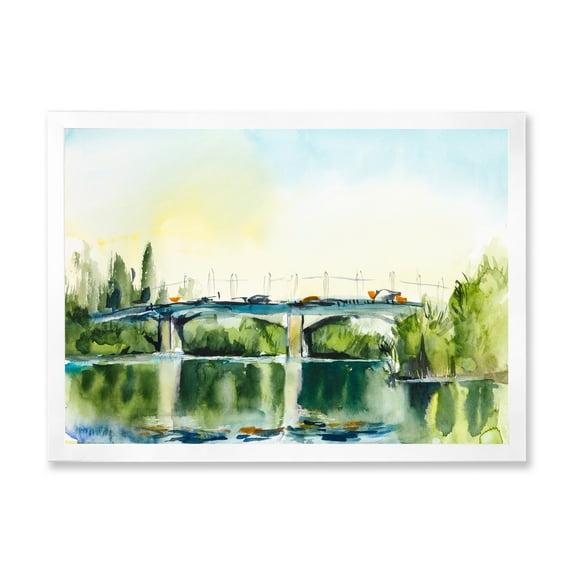 Designart 'Landscape With Old Bridge Over River In The Countryside' Traditional Framed Art Print