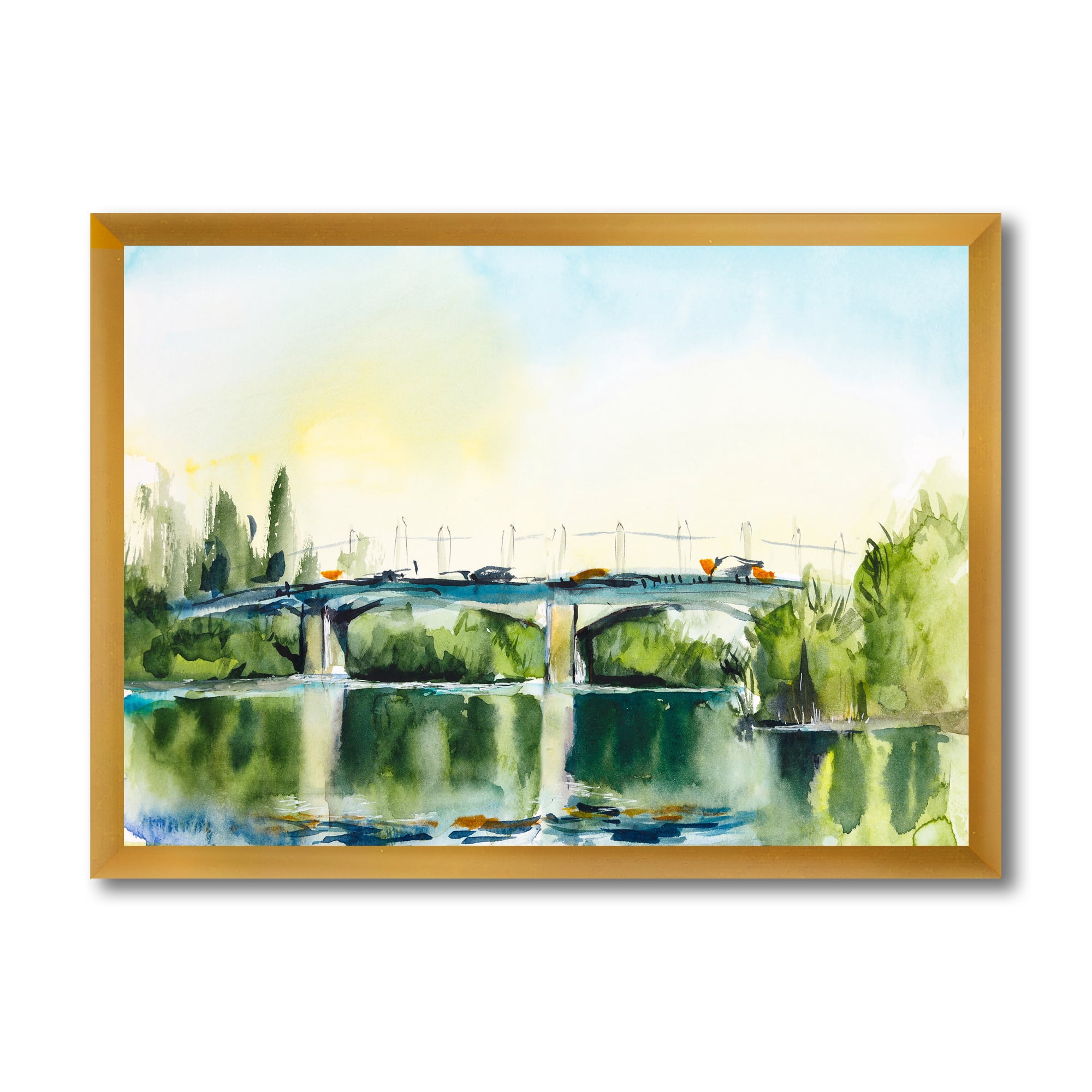 Designart 'Landscape With Old Bridge Over River In The Countryside' Traditional Framed Art Print
