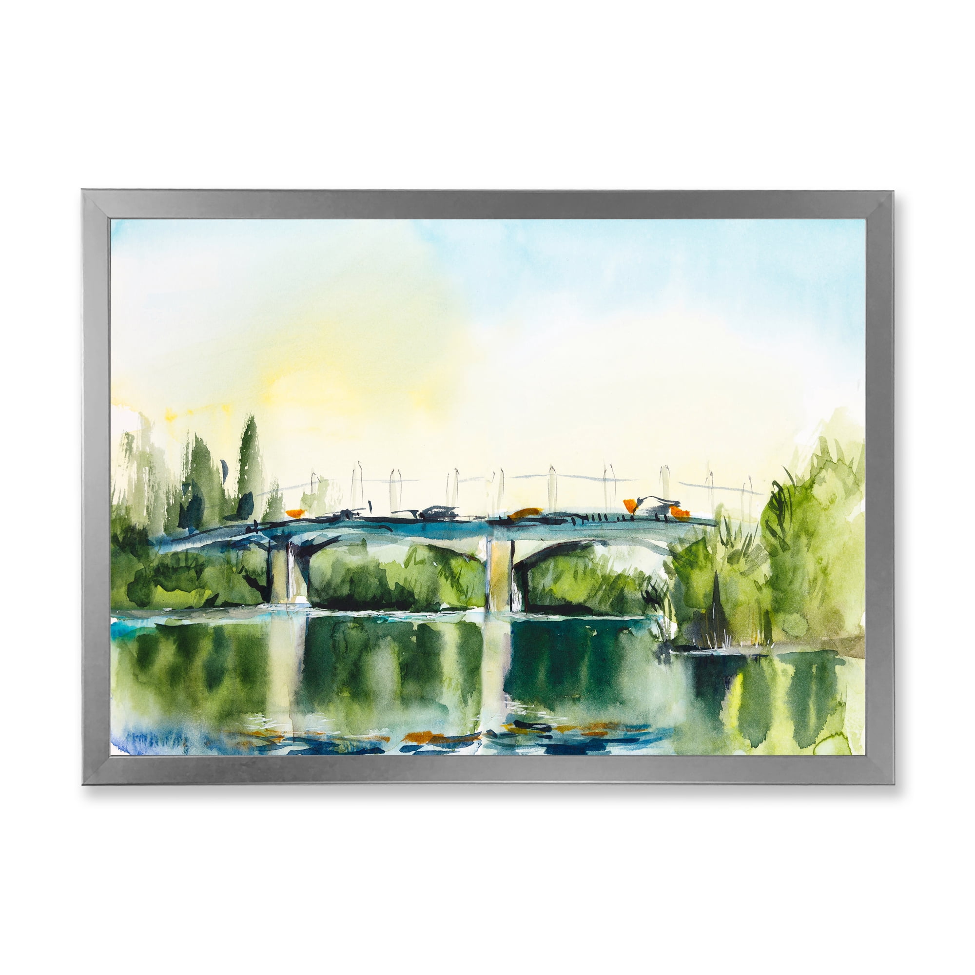 Designart 'Landscape With Old Bridge Over River In The Countryside' Traditional Framed Art Print