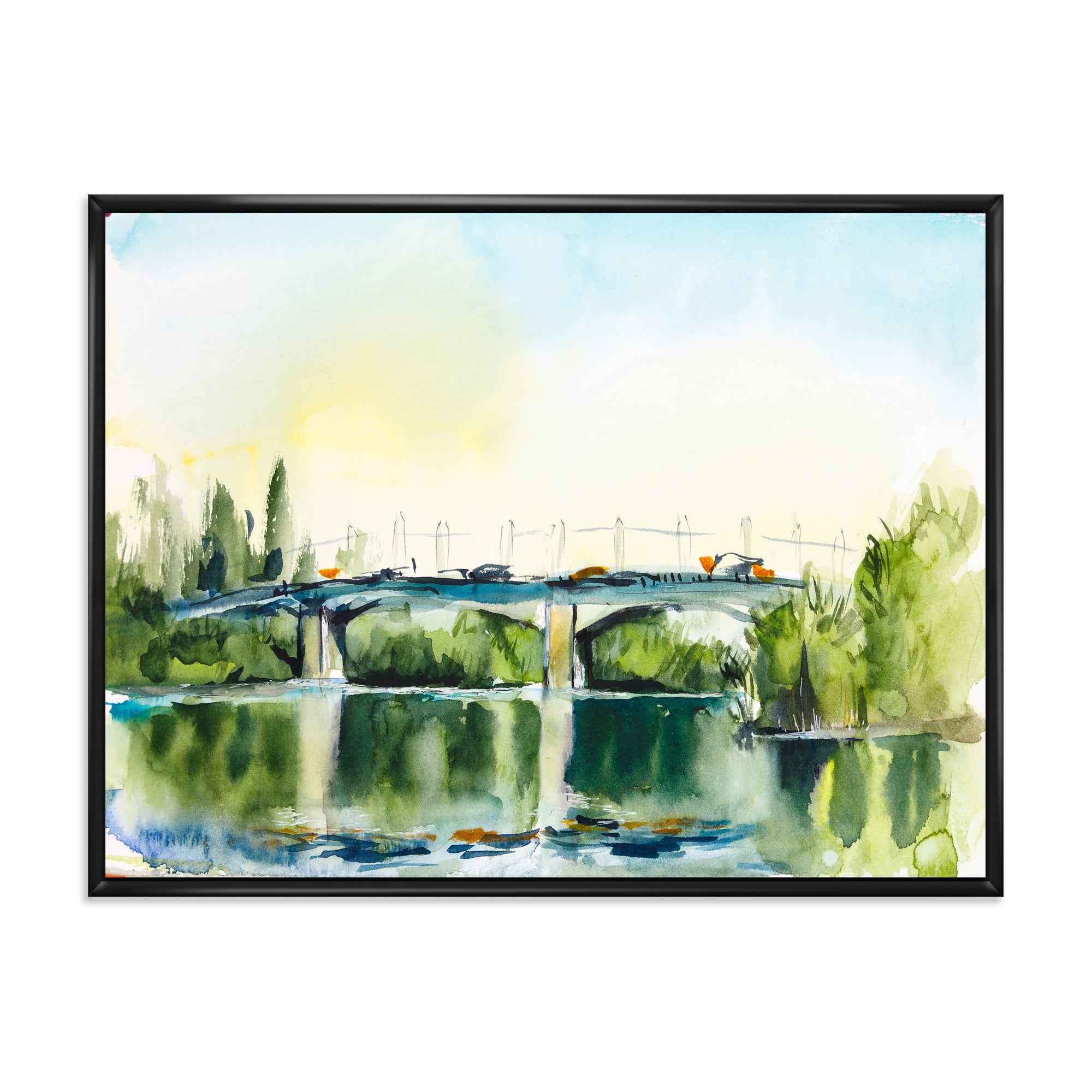 Designart 'Landscape With Old Bridge Over River In The Countryside' Traditional Framed Canvas Wall Art Print