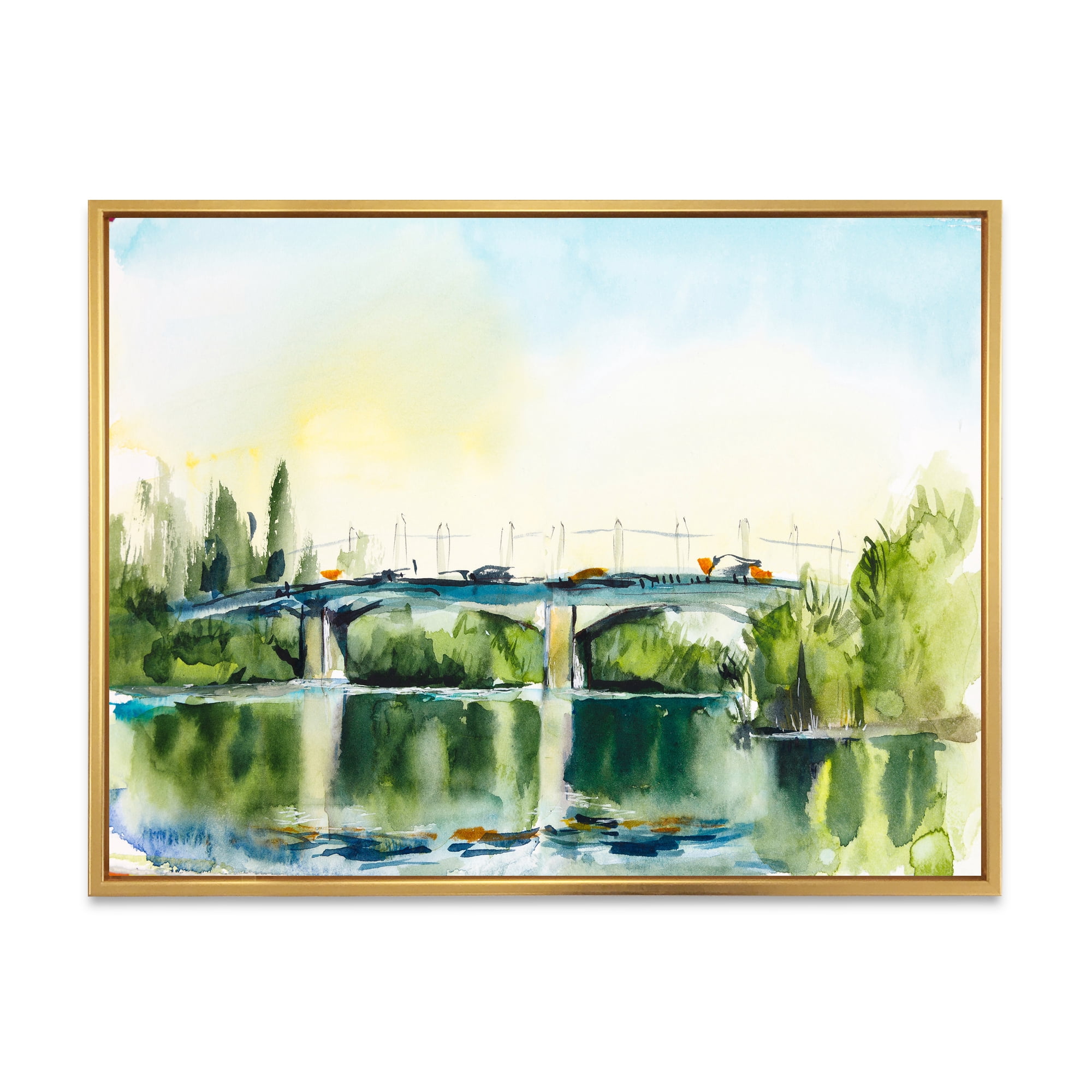 Designart 'Landscape With Old Bridge Over River In The Countryside' Traditional Framed Canvas Wall Art Print